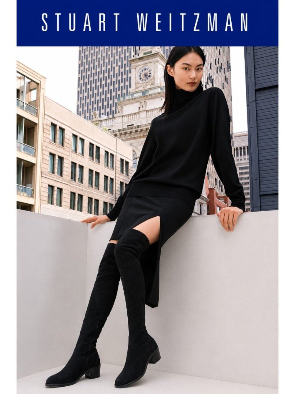 Stuart Weitzman 5.5 M Black Suede Over The Knee Boots Low Heel Tall Zip OTK